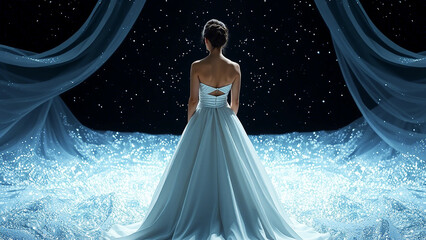 Elegant Woman in Gown Gazing at Sparkling Starry Night Fantasy Scene