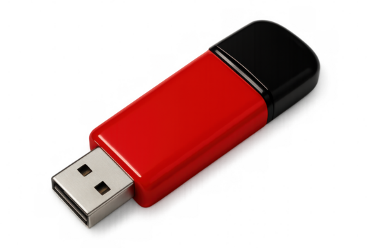 3d rendering showcasing a vibrant red usb flash drive, isolated against a transparent background, emphasizing modern digital storage solutions