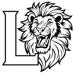 Majestic lion peeking from the letter l with a flowing mane