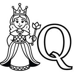 Elegant queen standing beside letter q wearing crown