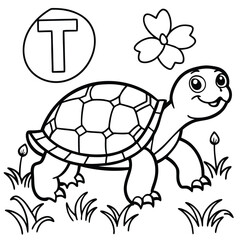 Cute turtle carrying a letter t on its shell with flowers