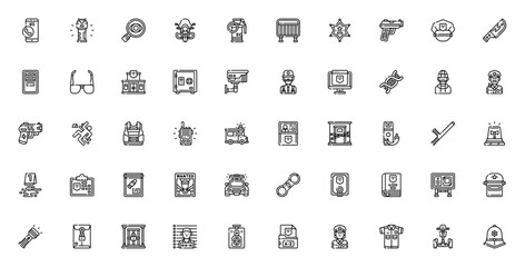 Police icon set. Law enforcement vector collection. Includes symbols for 911 call, stun gun, badge, handcuffs, police car, crime scene, SWAT, sheriff, baton, siren and more. Editable stroke.