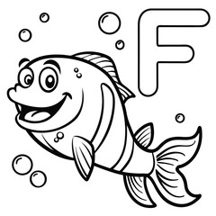 Smiling fish swims through coral shaped like the letter f