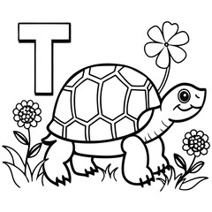 Cute turtle with the letter t on its shell surrounded by flowers