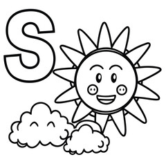 Smiling sun with rays shining behind the letter s