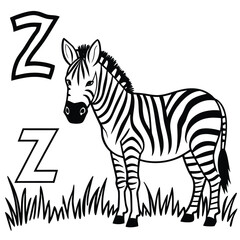 Striped zebra standing next to letter z in grass