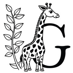 Tall giraffe stretching through letter g with leaves and floral elements © sunil chandra roy