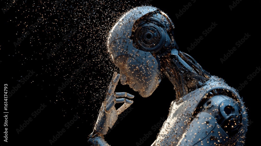 Poster humanoid robot processes a stream of data. symbolizing the integration of advanced ai in streamlinin