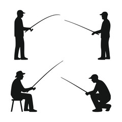 A black silhouette of people fishing in different position/poses vector