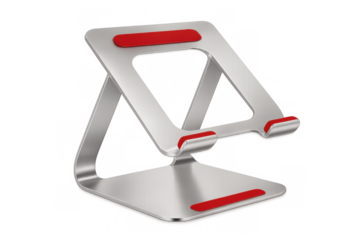 Empty modern aluminum stand with red silicone details holding a tablet, smartphone or laptop on a transparent background