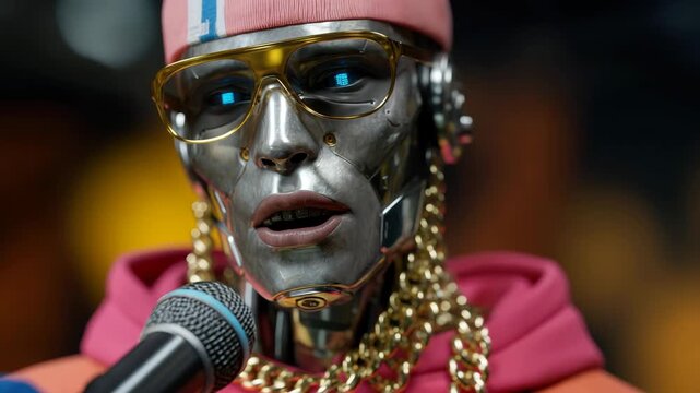Futuristic robot performer singing into microphone with expression and precision