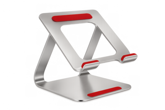 Empty modern aluminum stand with red silicone details holding a tablet, smartphone or laptop on a transparent background - Powered by Adobe