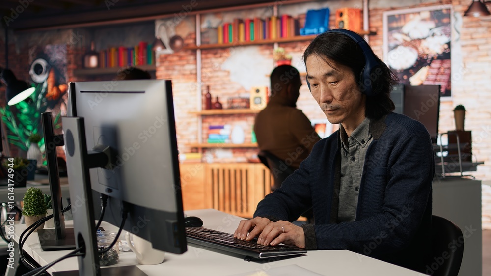 Poster senior admin coding advanced ai algorithm in startup office, refining machine learning models to enh