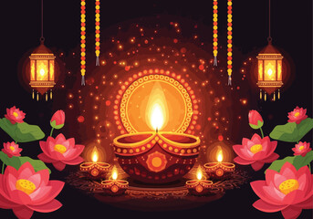 Vector illustration of a beautiful diwali celebration with glowing diyas, lotus flowers, and hanging lanterns