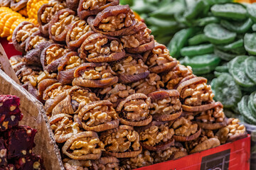 Turkish fig and nut sweets for sale at the Egyptian Bazaar, Istanbul, Turkey