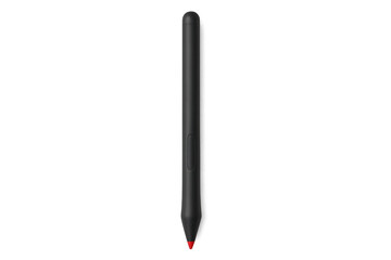 Black digital stylus hovering weightlessly, showcasing minimalist design and cutting-edge technological innovation for tablet interaction