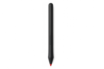 Black digital stylus hovering weightlessly, showcasing minimalist design and cutting-edge technological innovation for tablet interaction