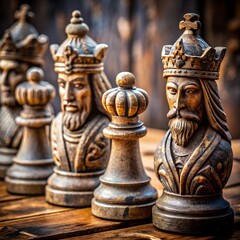 Fototapeta premium Photo of intricately carved antique chess pieces stand in a row, showcasing detailed craftsmanship and a sense of historical strategy