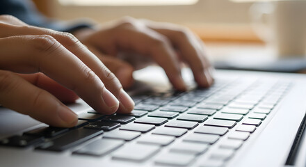 Close-up view of hands typing on a laptop keyboard, focused on work.