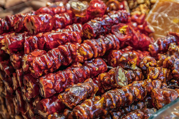 Churchkhela, walnuts in grape juice at the Egyptian Bazaar, Istanbul, Turkey