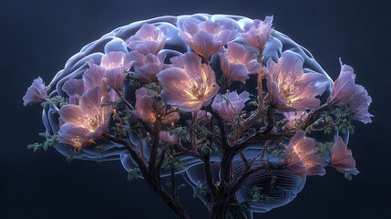 Conceptual surreal art, human brain morphing into a luminous forest, floral neurons branching into glowing petals, harmony of nature and consciousness, 