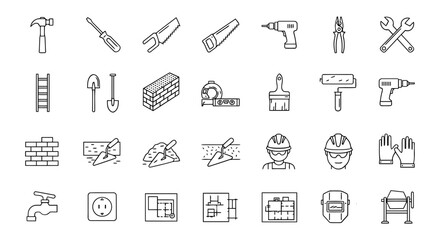 Vector art of a collection of construction and diy tools and equipment, including drills, hammers, saws, and safety gear