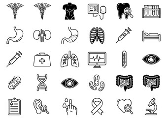 Vector art of a collection of medical and health care icons representing various aspects of the human body and medical treatments