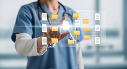 Doctor in scrubs interacts with digital files and folders on a transparent interface, managing medical records.
