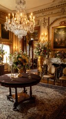 Luxurious baroque room with crystal chandelier, ornate walls, floral arrangements, and rug