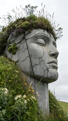 A stone sculpture of a serene face, covered in vegetation, emerging from the earth.