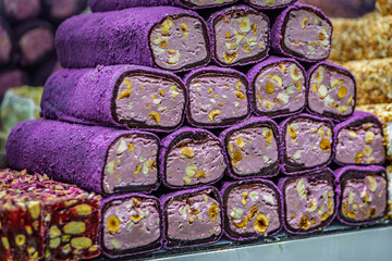 Selection of turkish delight candy at the Egyptian Bazaar, Istanbul, Turkey