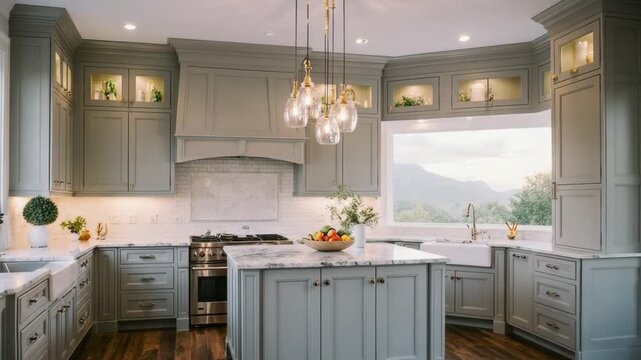 Elegant kitchen design featuring custom gray cabinets and marble countertops island