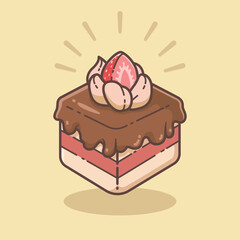 Strawberry Chocolate Cake Slice Vector Illustration. Isolated Cartoon Food Object Icon.