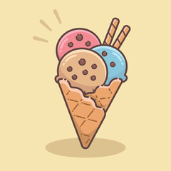Ice Cream Balls in Waffle Cone Vector Illustration. Isolated Cartoon Food Object Icon