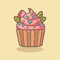 Strawberry Cupcake Vector Illustration. Isolated Cartoon Food Object Icon.