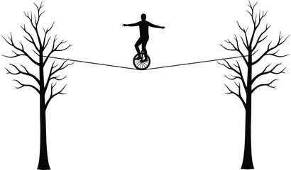 Silhouette Unicyclist Balancing on a Thread Between Trees - Abstract Concept