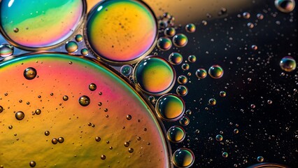 Abstract macro view of colorful oil and water droplets, showcasing iridescent patterns and textures.