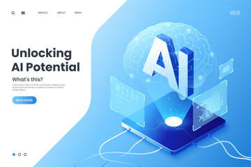 Futuristic vector isometric illustration of AI technology, featuring a glowing brain, digital interface, and 3D "AI" letters. Concept for artificial intelligence and innovation. Ideal for web page. © alexandertrou