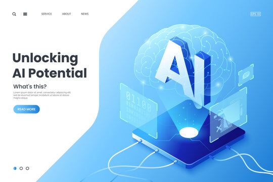 Futuristic vector isometric illustration of AI technology, featuring a glowing brain, digital interface, and 3D "AI" letters. Concept for artificial intelligence and innovation. Ideal for web page.