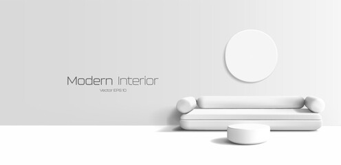 3D modern room interior with white sofa, coffee table, empty round picture. For concepts of comfort, modern furniture, minimalism, style. Vector illustration.