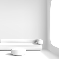 Minimalist white room interior, 3D. Realistic modern soft sofa, coffee table, window with light from outside. Vector illustration.