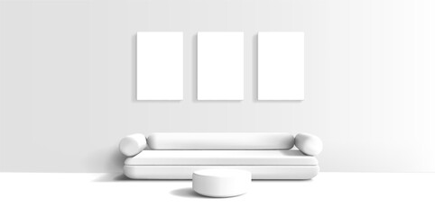 White interior, mockup, 3D, with white photo frames on the wall, sofa, and coffee table. For concepts of modern interior, picture template, comfortable life, relaxation. Vector illustration.