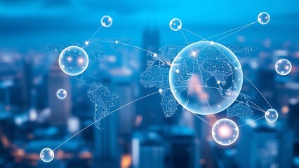 Floating translucent spheres connected by glowing lines, symbolizing global business networks.