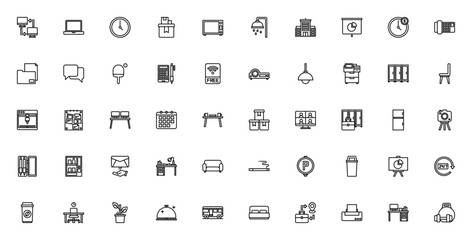 Coworking space icon set. Modern office vector illustrations. Includes network, laptop, clock, meeting, coffee, wifi, desk, printer, locker, presentation and more. Editable thin line icons.