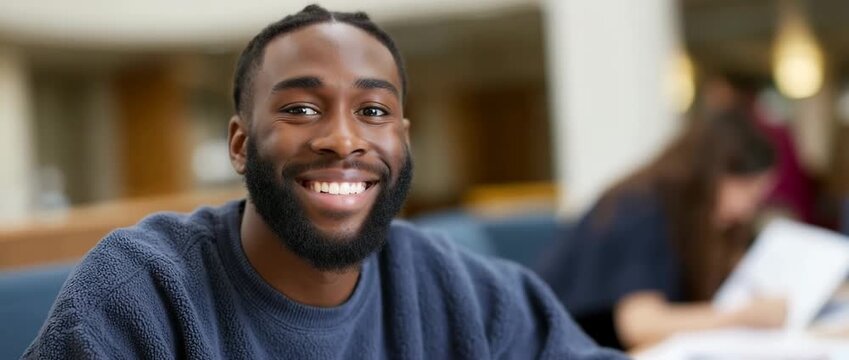 Cheerful student engages in lively group study session at a busy library