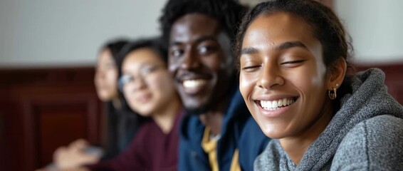 Diverse group of friends engaged in lively discussion and smiling moments