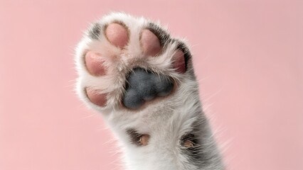 Close-up of a cat's paw, showing the pink and black paw pads and white and gray fur, against a light pink background.