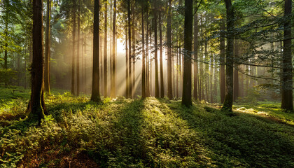 Obraz premium sunlight streaming through tall trees in lush forest during early morning hours