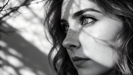 Black and white portrait of a young woman with freckles, looking to the side, with shadows of branches falling across her face.