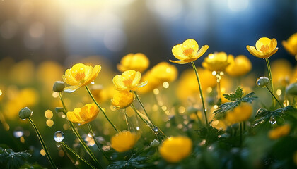 luminous yellow buttercups adorned with glistening water droplets